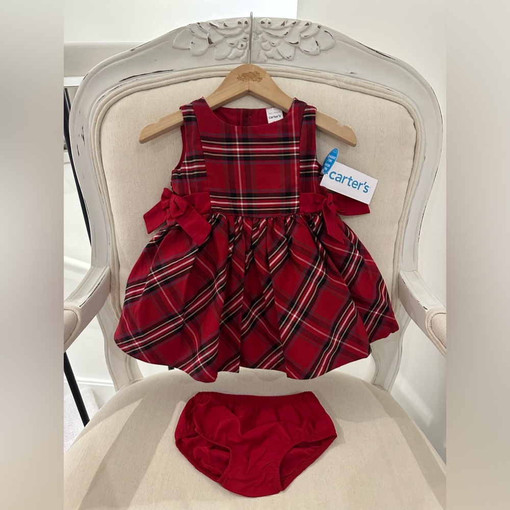🐇 Baby 6 Mth Fancy Cotton Plaid Christmas Dress With Bows & Matching Panty NWT